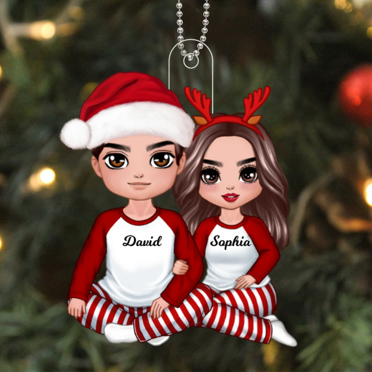 Christmas Doll Couple Sitting Hugging Personalized Acrylic Ornament - Image 5