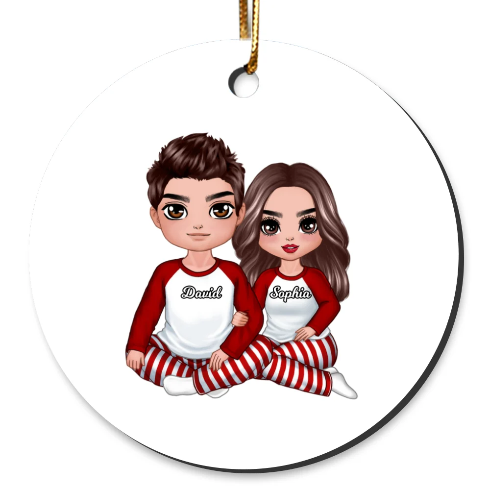 Christmas Doll Couple Sitting Hugging Personalized Circle Ornament - Image 2