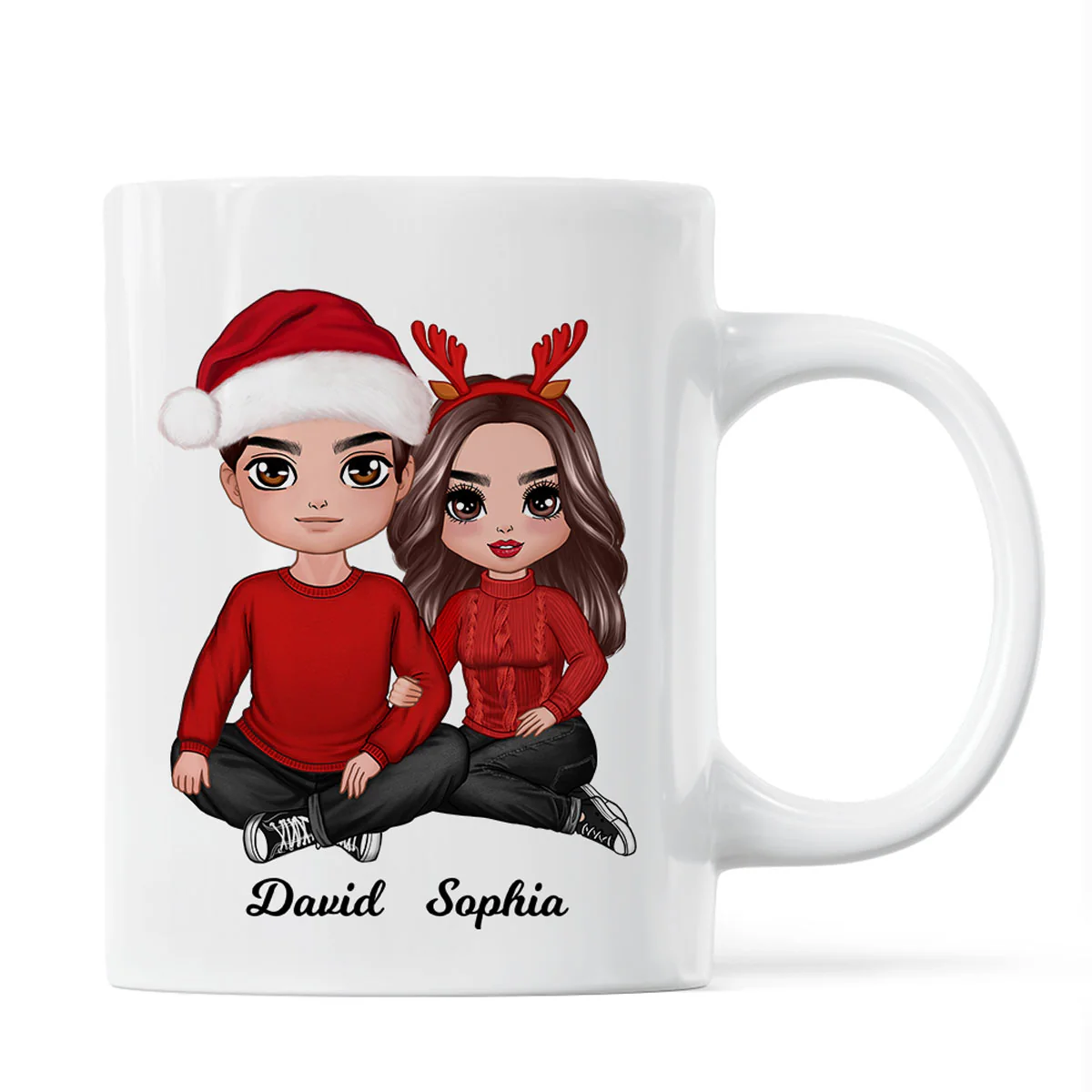 Christmas Doll Couple Sitting Hugging Personalized Mug - Image 3