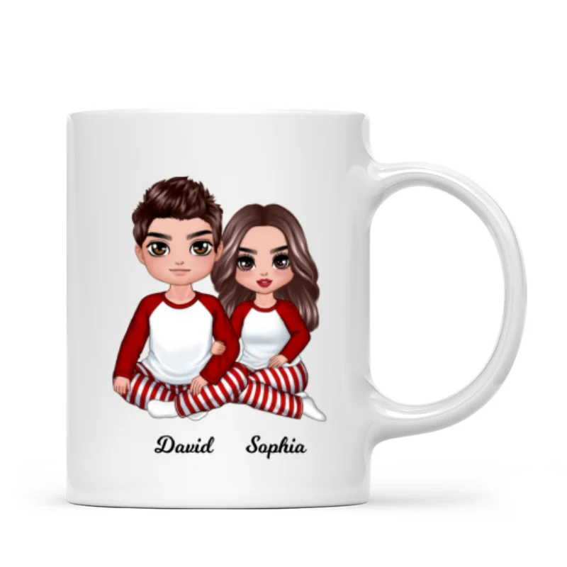 Christmas Doll Couple Sitting Hugging Personalized Mug - Image 4