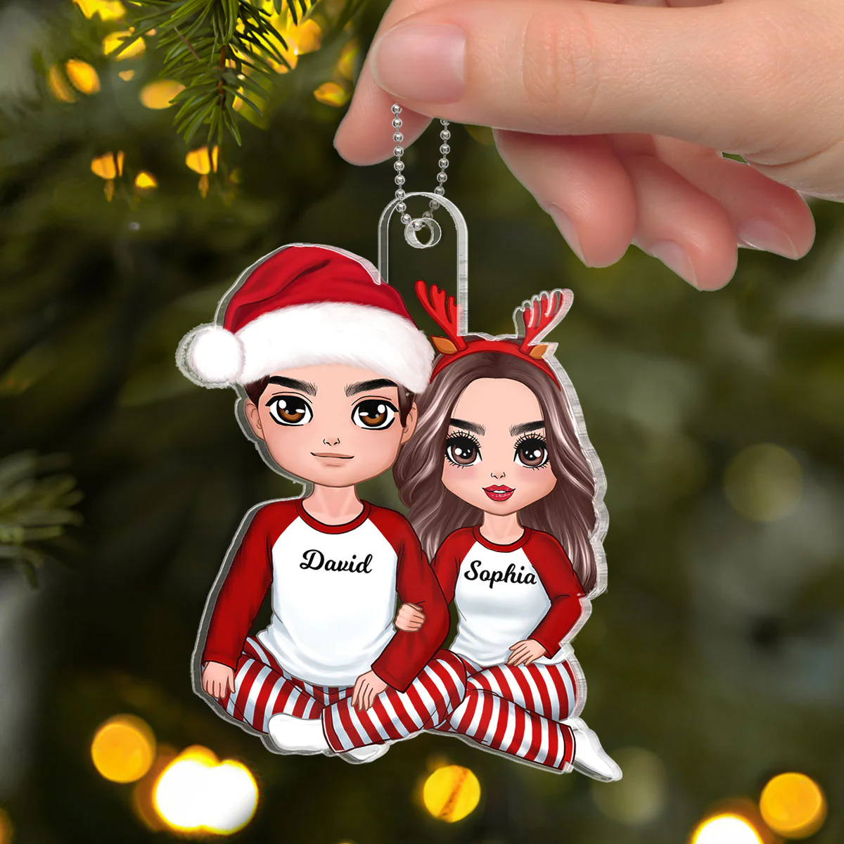 Christmas Doll Couple Sitting Hugging - Personalized Ornament - Image 3
