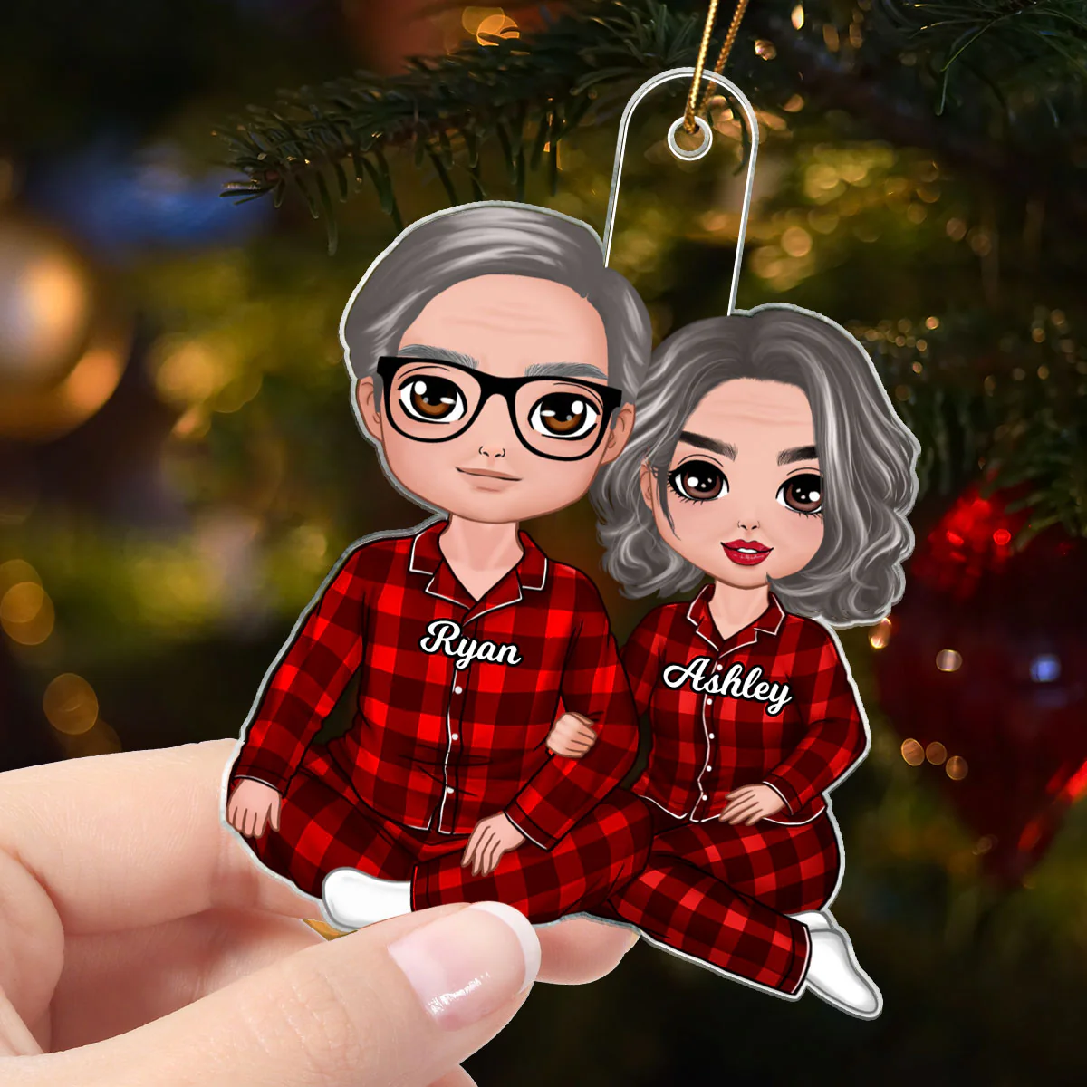 Christmas Doll Couple Sitting Hugging - Personalized Ornament - Image 5