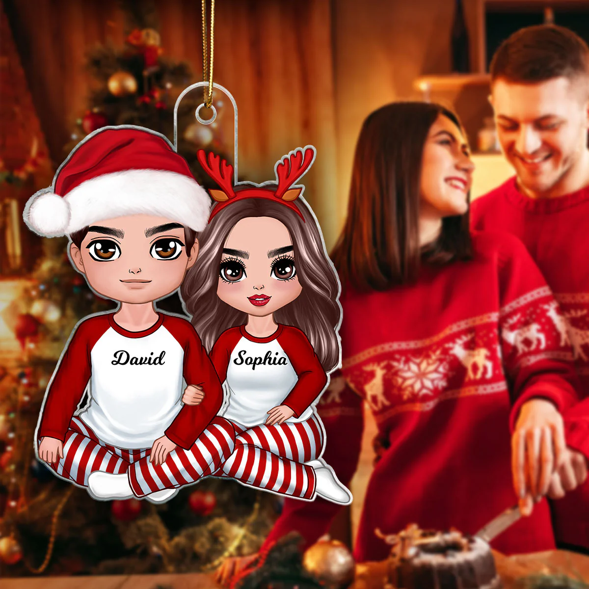 Christmas Doll Couple Sitting Hugging - Personalized Ornament - Image 7