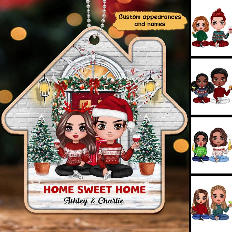 Christmas Doll Couple Sitting On The Front Porch Personalized Wooden Ornament - Image 2