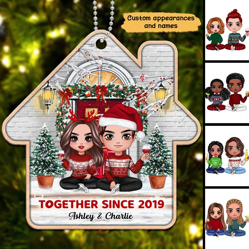 Christmas Doll Couple Sitting On The Front Porch Personalized Wooden Ornament - Image 3
