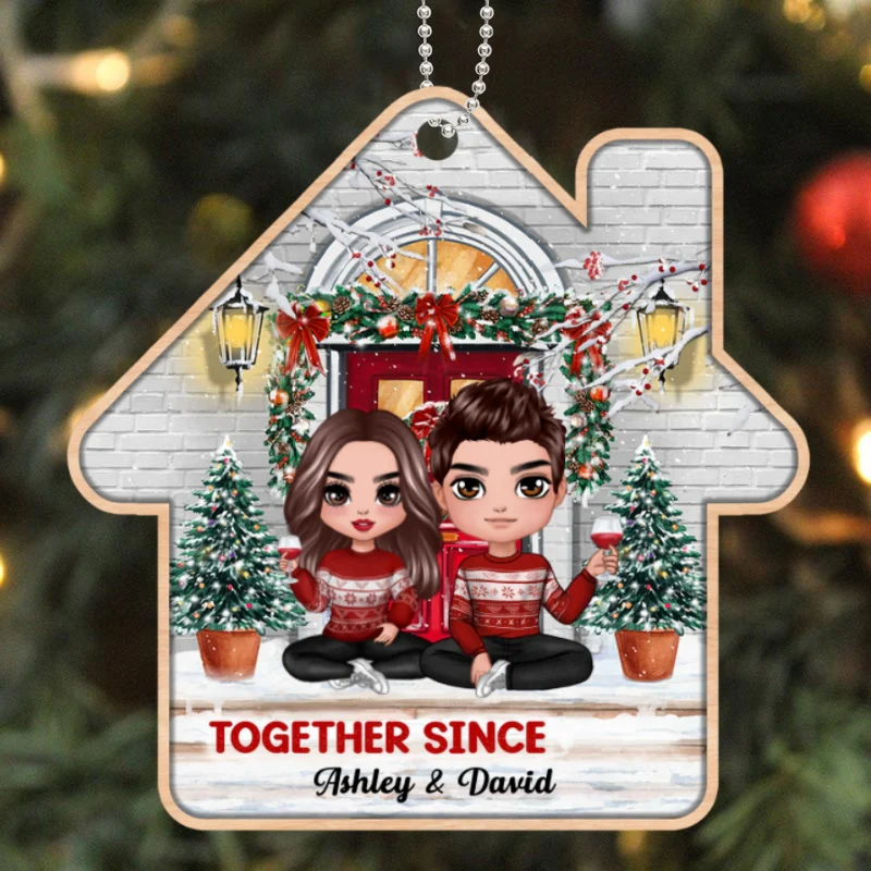 Christmas Doll Couple Sitting On The Front Porch Personalized Wooden Ornament - Image 4