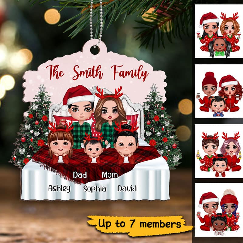 Christmas Doll Family On Bed Personalized Wooden Ornament - Image 2