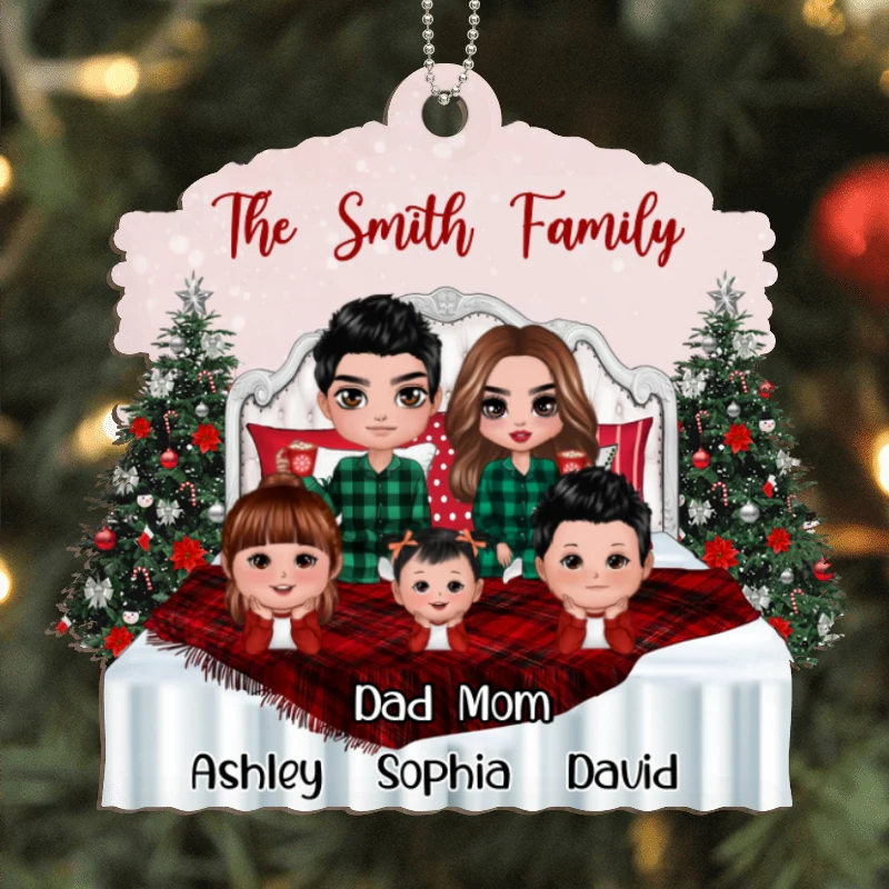 Christmas Doll Family On Bed Personalized Wooden Ornament - Image 4