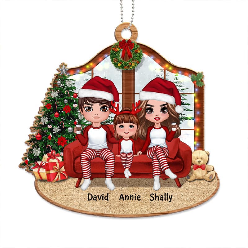 Christmas Doll Family On Sofa Personalized Wooden Ornament