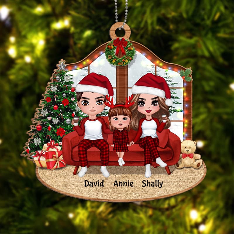 Christmas Doll Family On Sofa Personalized Wooden Ornament - Image 2