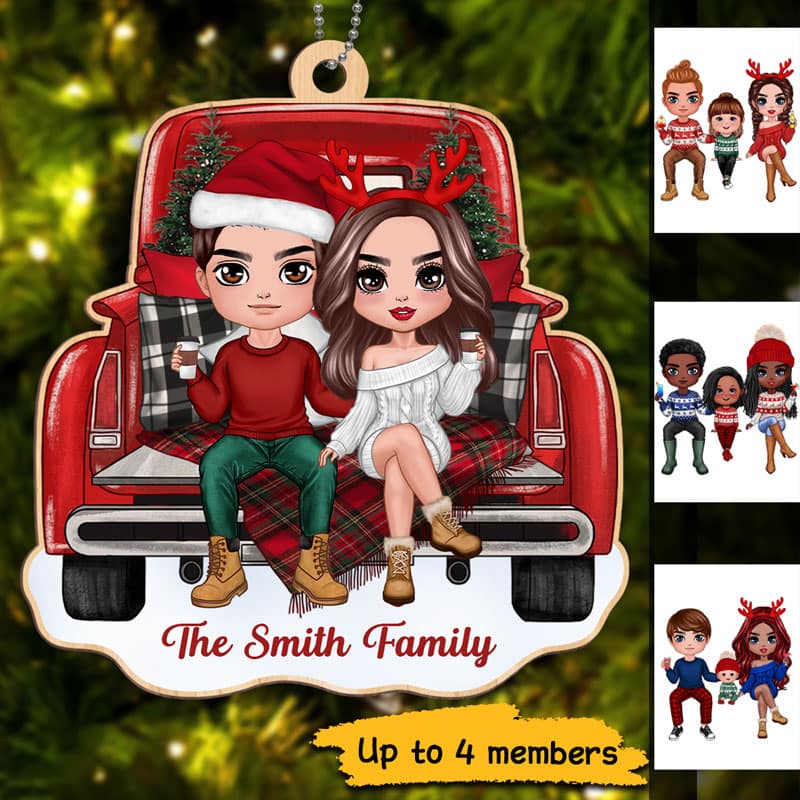 Christmas Doll Family Red Truck Back View Personalized Wooden Ornament - Image 3