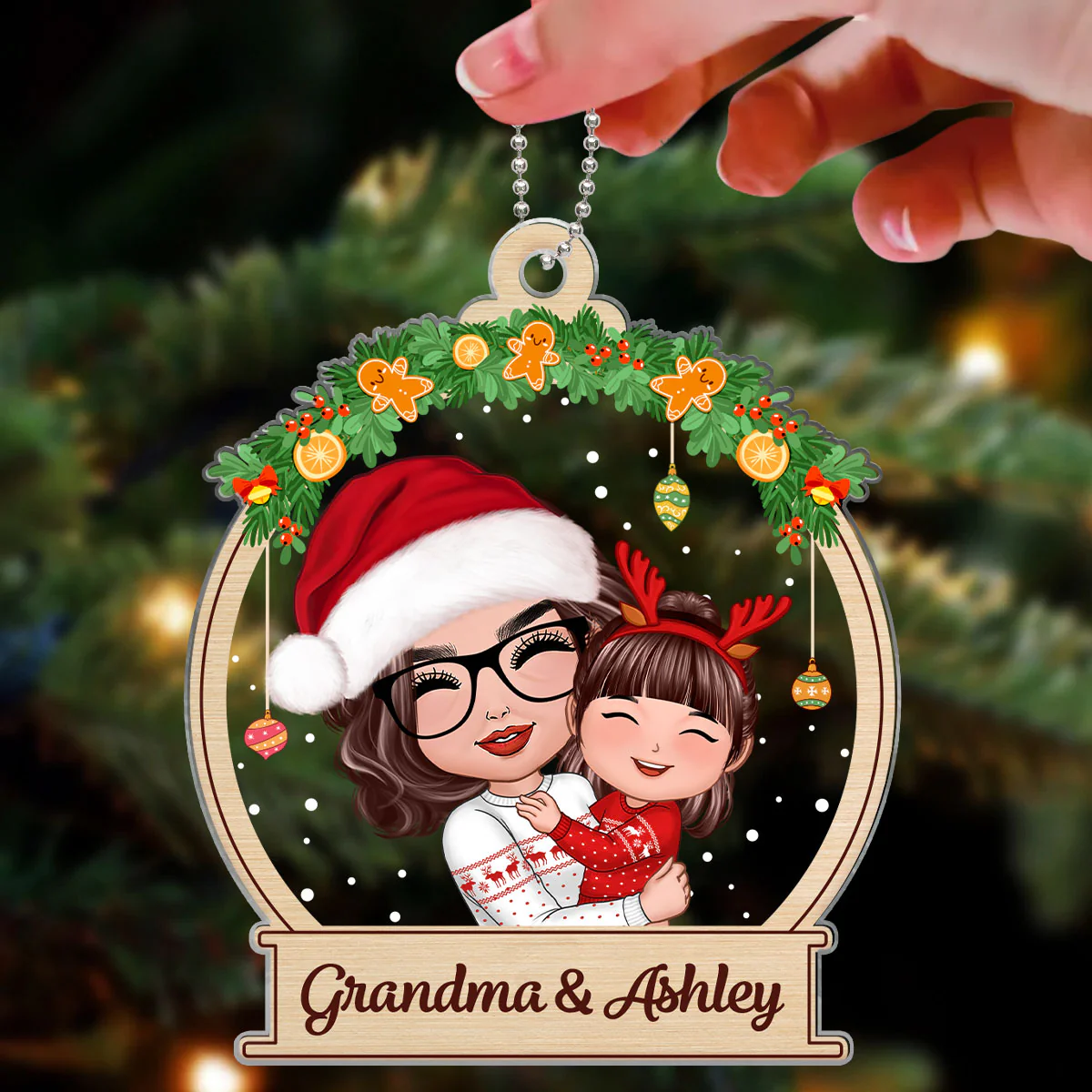 Christmas Doll Grandma Hugging Grandkid In Snow Globe Gift For Granddaughter Grandson Personalized Acrylic Ornament - Image 3