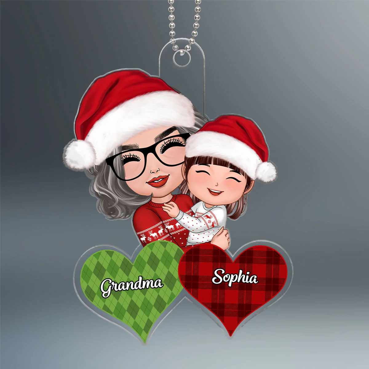 Christmas Doll Grandma Hugging Kid Checkered Pattern Hearts Gift For Granddaughter Grandson Personalized Acrylic Ornament - Image 2
