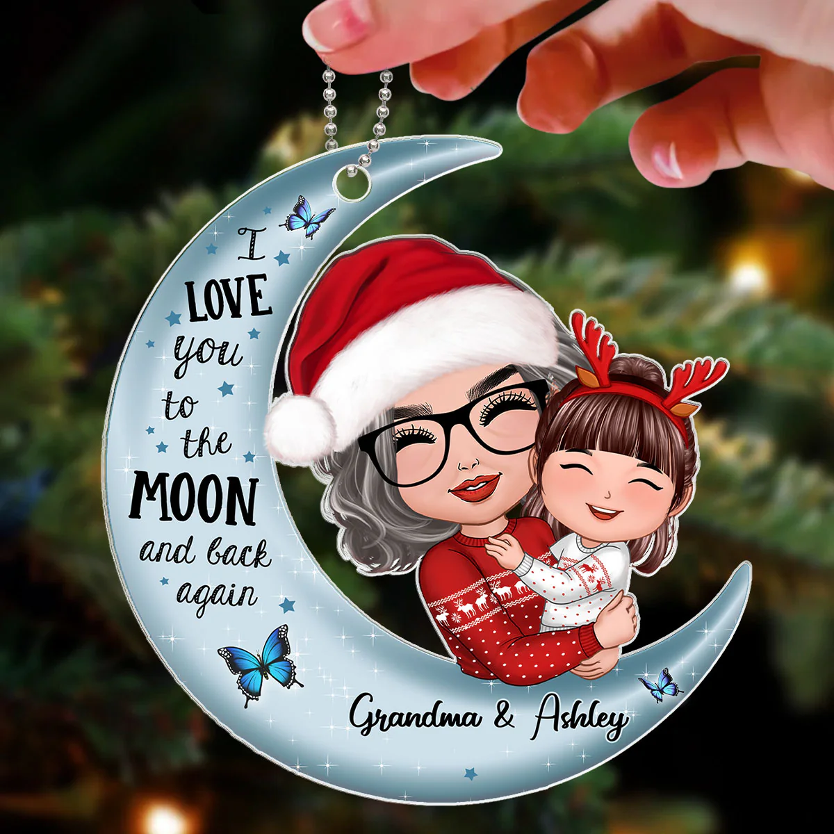 Christmas Doll Grandma & Kid Hugging On Moon Christmas Gift Personalized Acrylic Ornament - Image 3