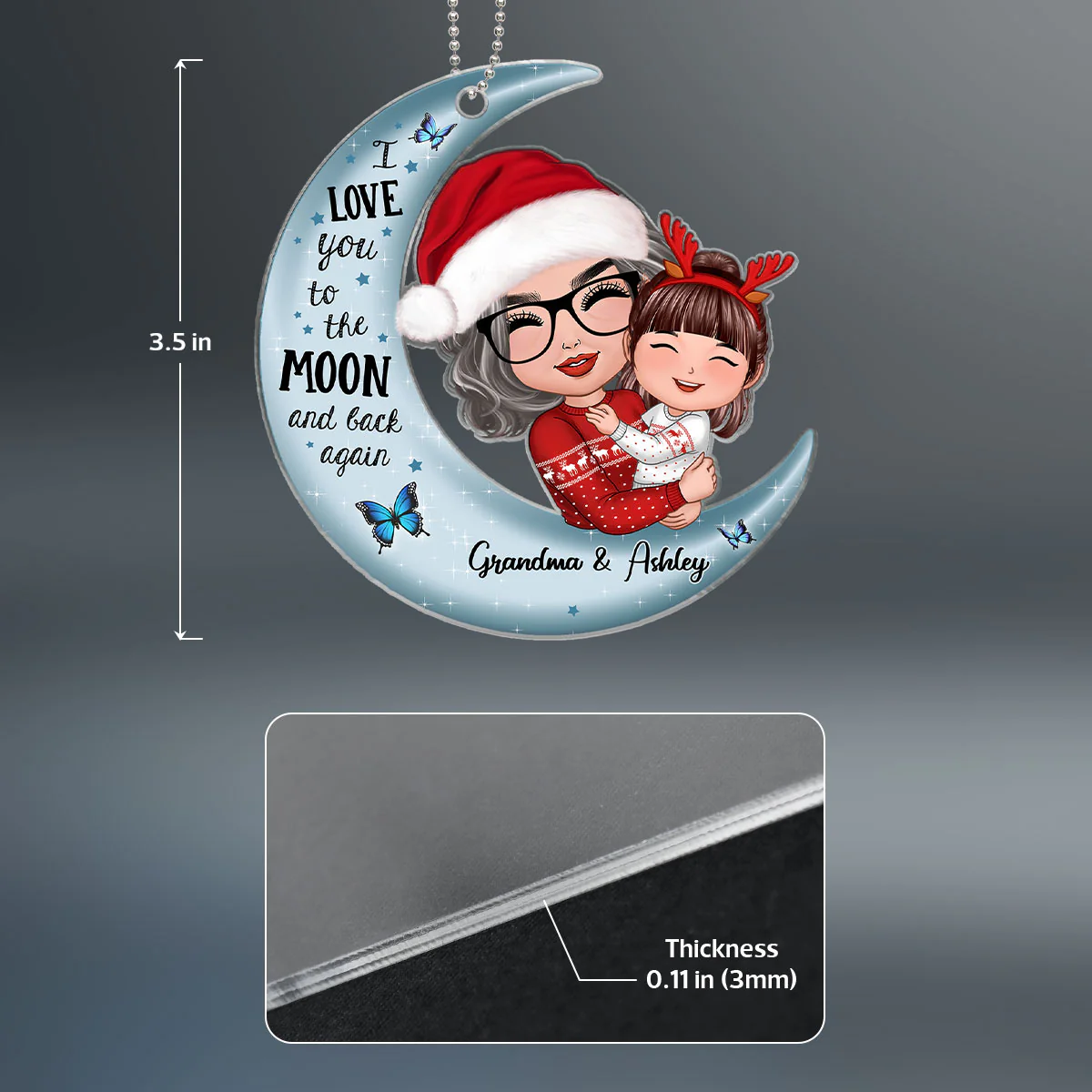 Christmas Doll Grandma & Kid Hugging On Moon Christmas Gift Personalized Acrylic Ornament - Image 4