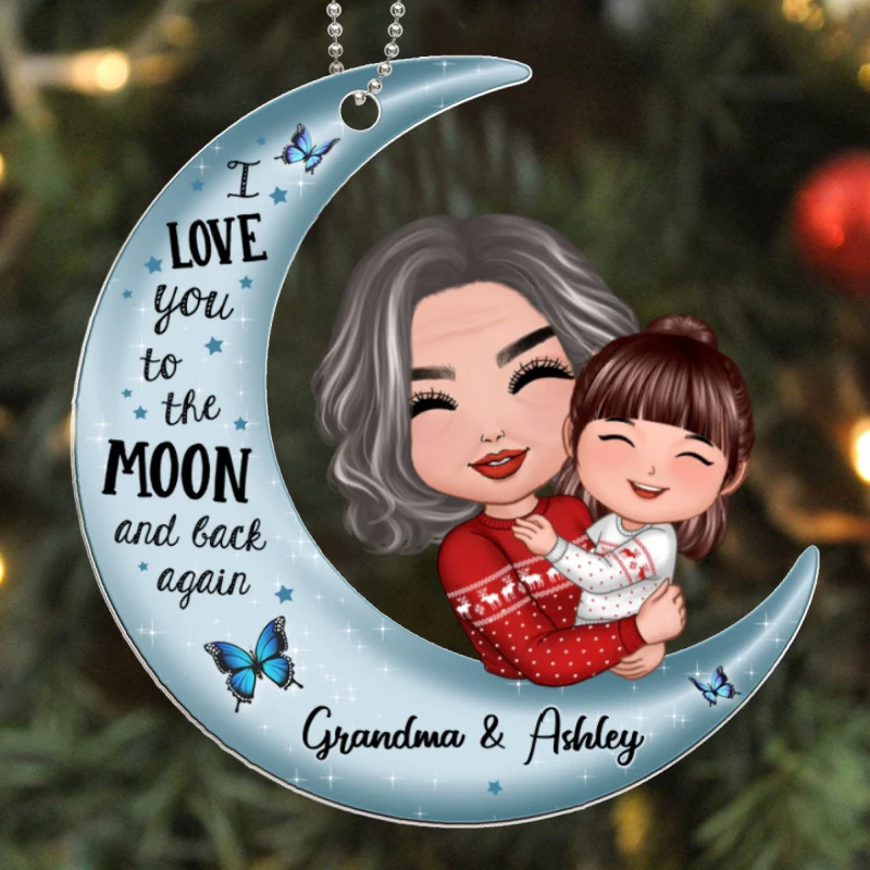 Christmas Doll Grandma & Kid Hugging On Moon Christmas Gift Personalized Acrylic Ornament - Image 5