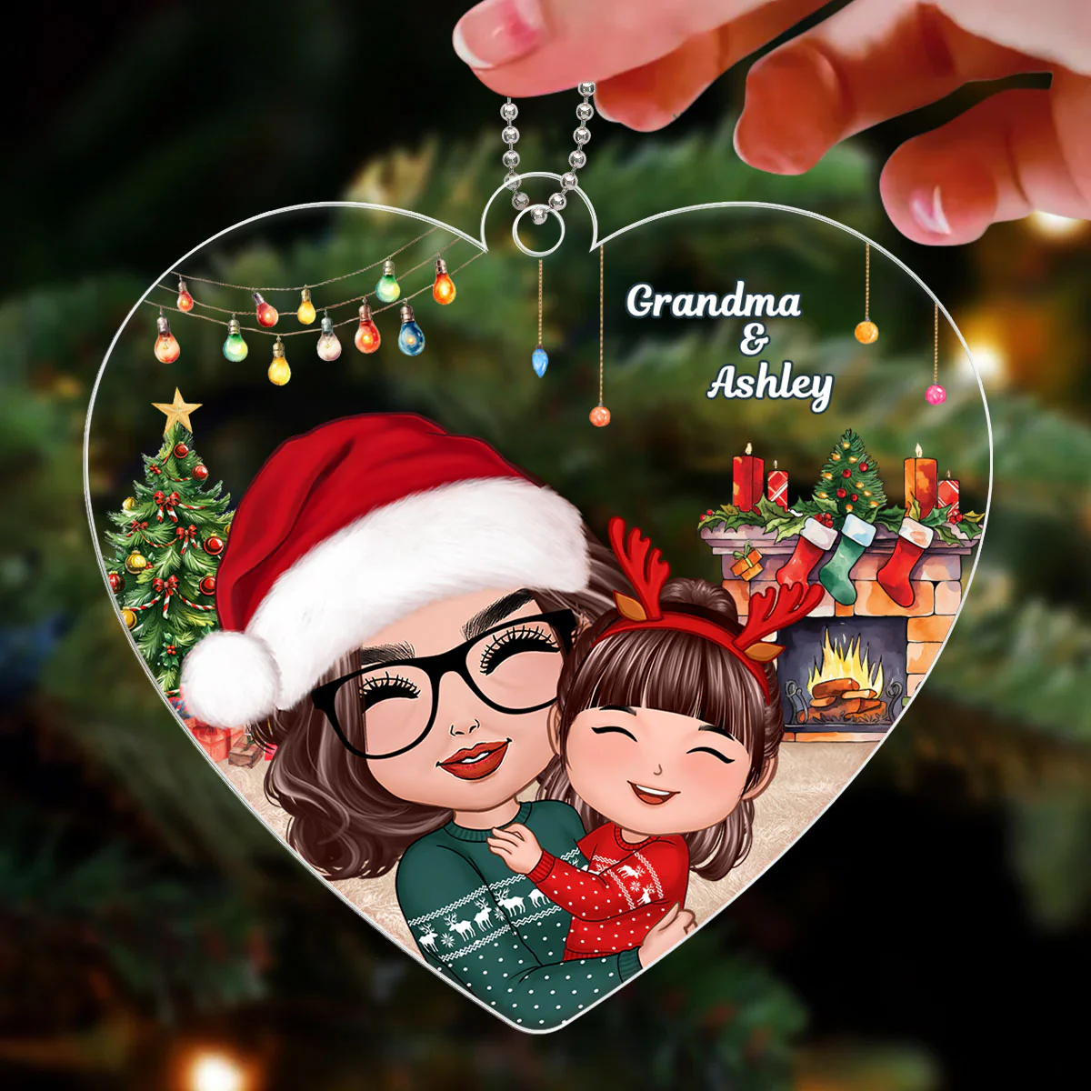 Christmas Doll Grandma Mom Hugging Kid Gift For Granddaughter Grandson Heart Shaped Personalized Acrylic Ornament - Image 3