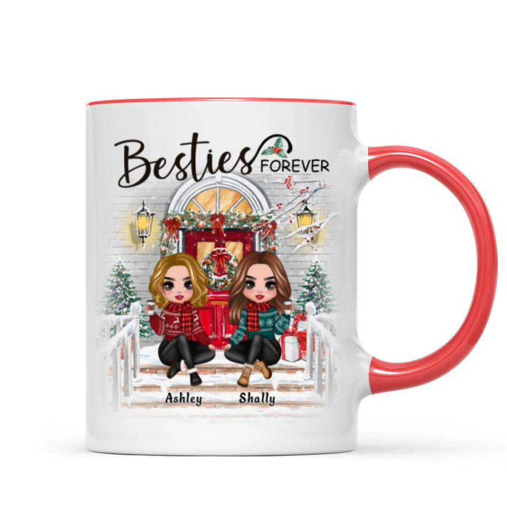 Christmas Doll Sitting Best Friends Sisters Front Porch Personalized Mug - Image 4