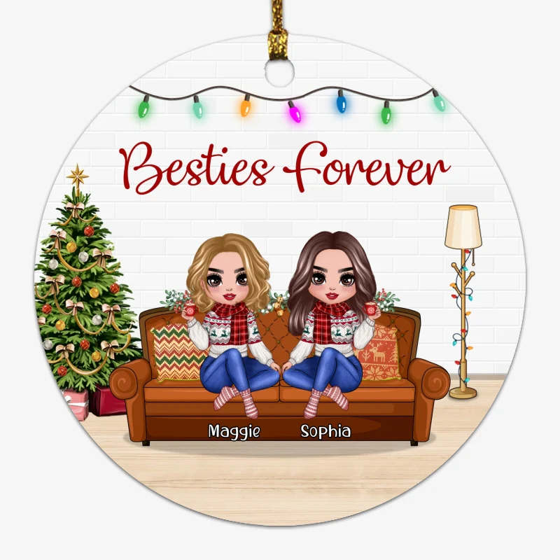 Christmas Doll Sitting Best Friends Sisters On Sofa Personalized Circle Ornament - Image 2