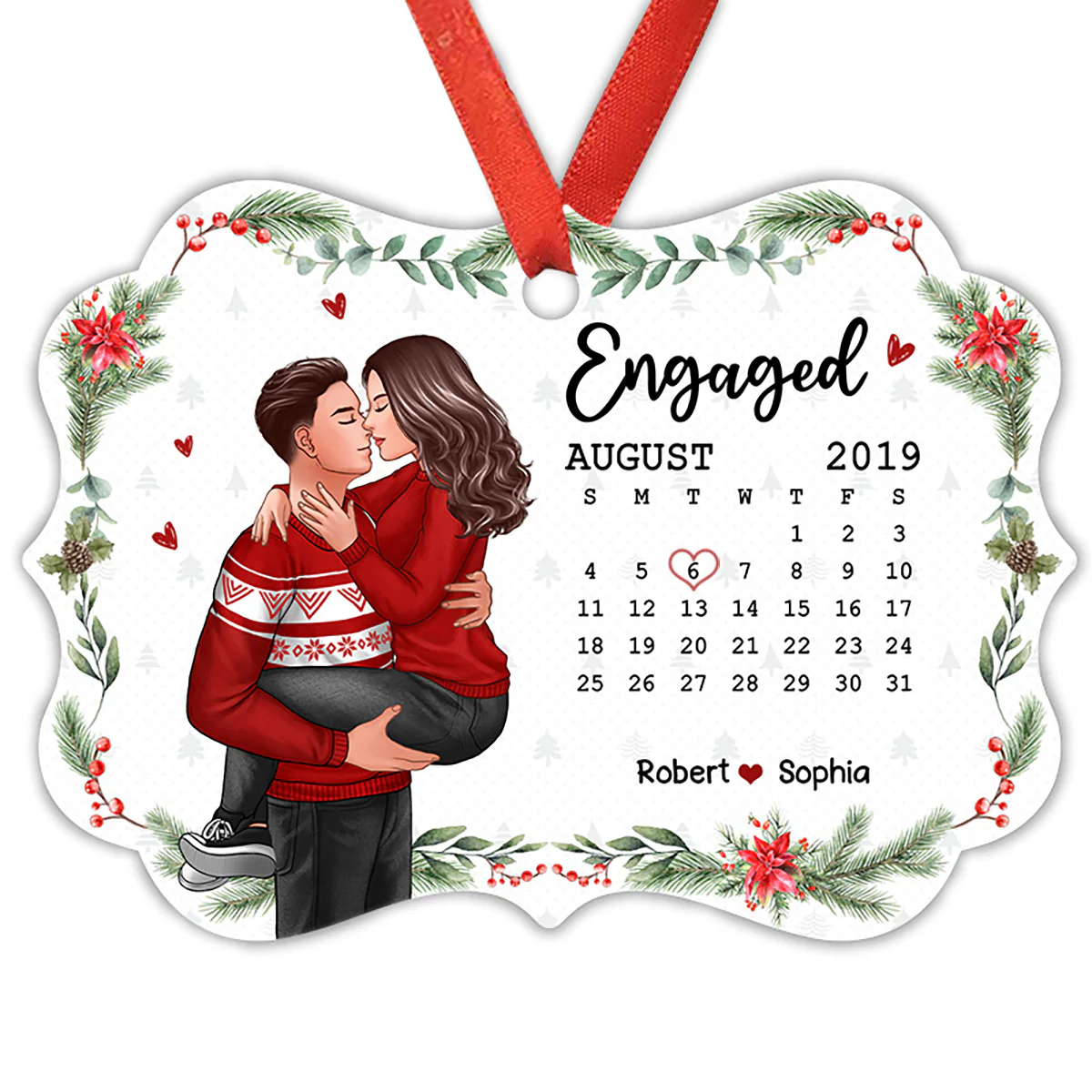 Christmas Engaged Married Couple Man Holding Woman Kissing Anniversary Date Calendar Personalized Christmas Ornament - Image 2