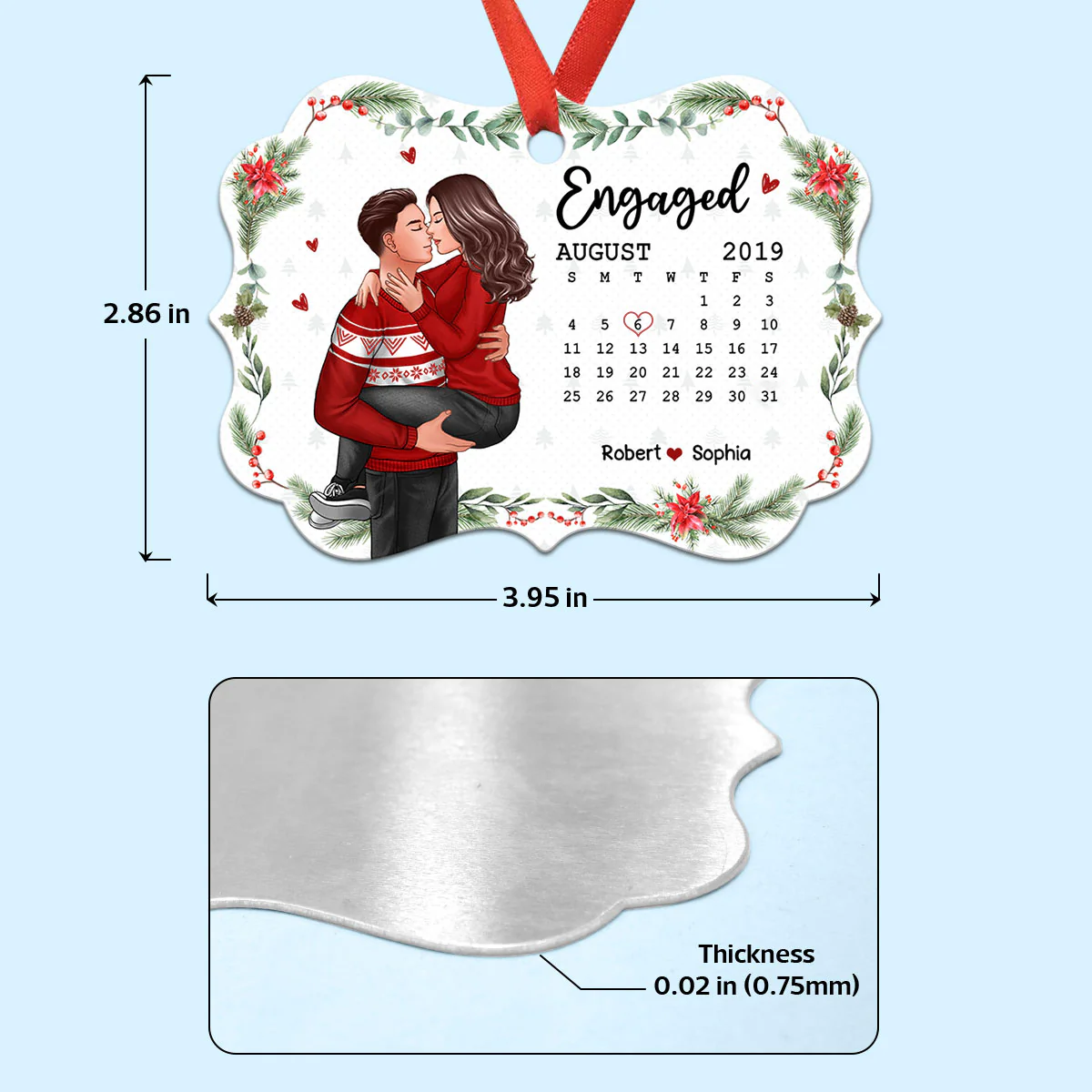 Christmas Engaged Married Couple Man Holding Woman Kissing Anniversary Date Calendar Personalized Christmas Ornament - Image 4