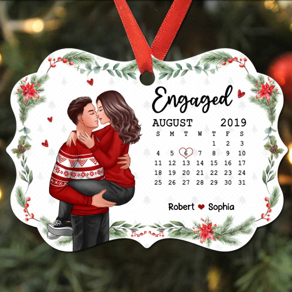 Christmas Engaged Married Couple Man Holding Woman Kissing Anniversary Date Calendar Personalized Christmas Ornament - Image 6