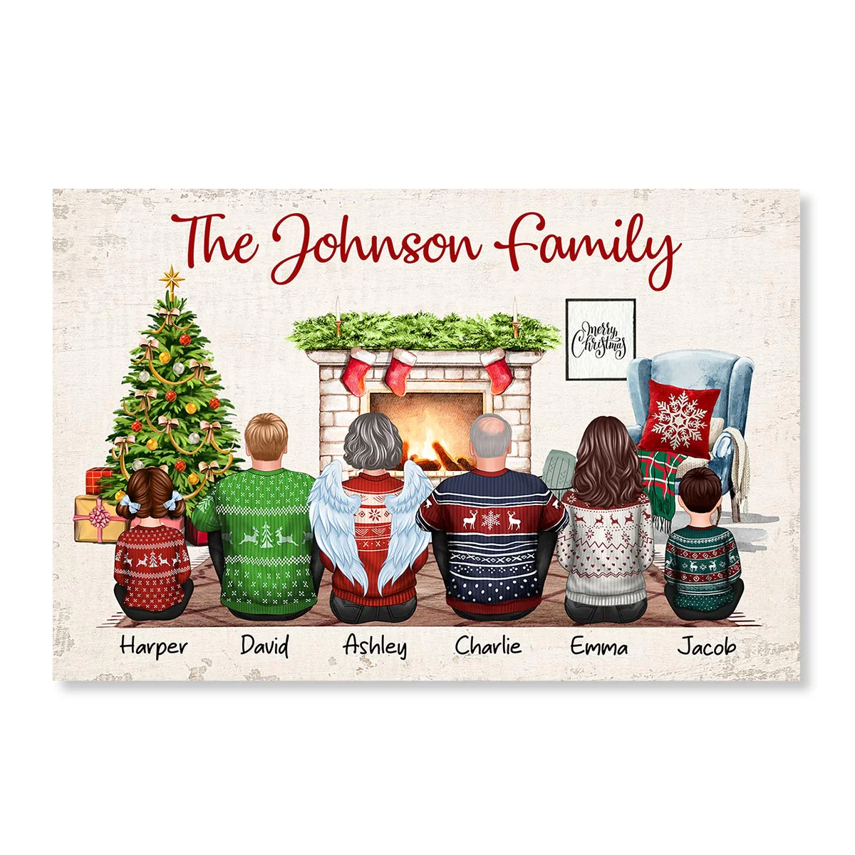 Christmas Family Back View Sitting Together At Fireplace Personalized Poster - Image 2