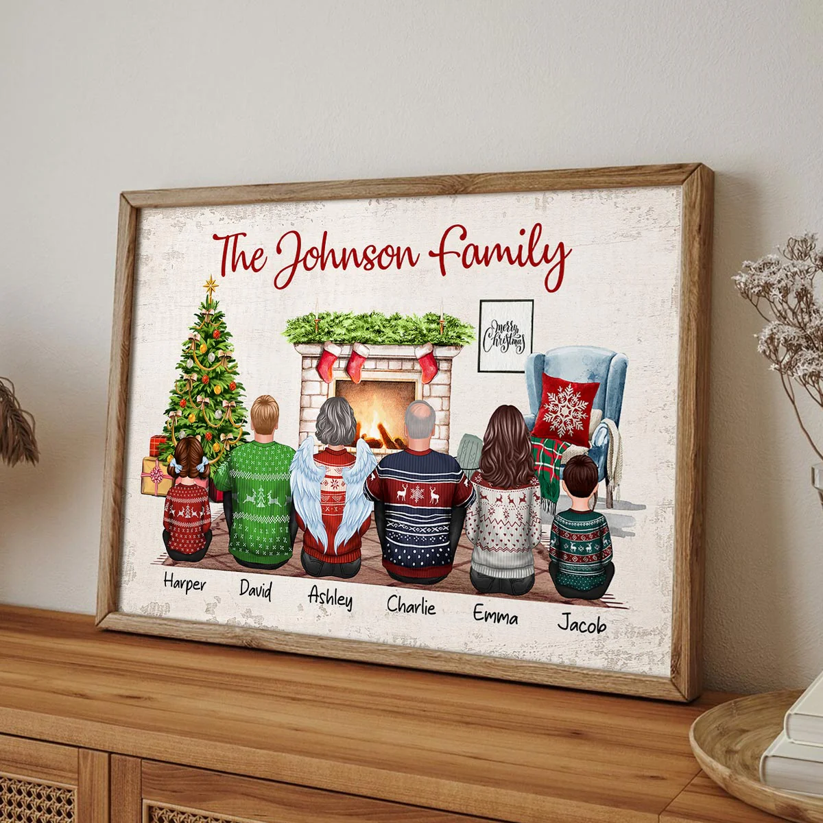 Christmas Family Back View Sitting Together At Fireplace Personalized Poster - Image 5