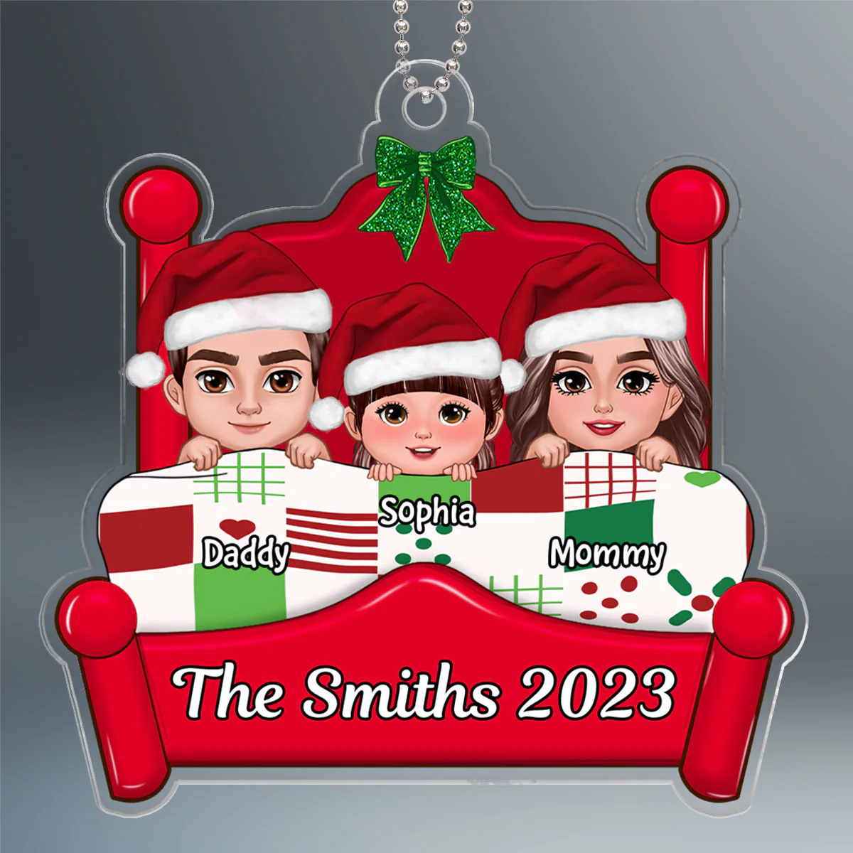 Christmas Family Dad Mom Kids Dogs Cats On Bed Personalized Acrylic Ornament - Image 2