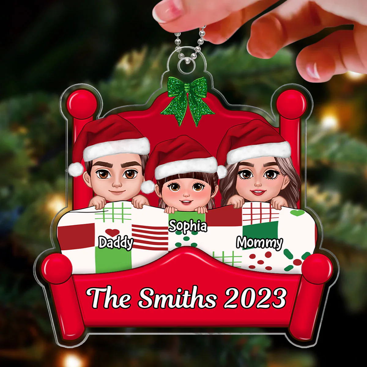 Christmas Family Dad Mom Kids Dogs Cats On Bed Personalized Acrylic Ornament - Image 3