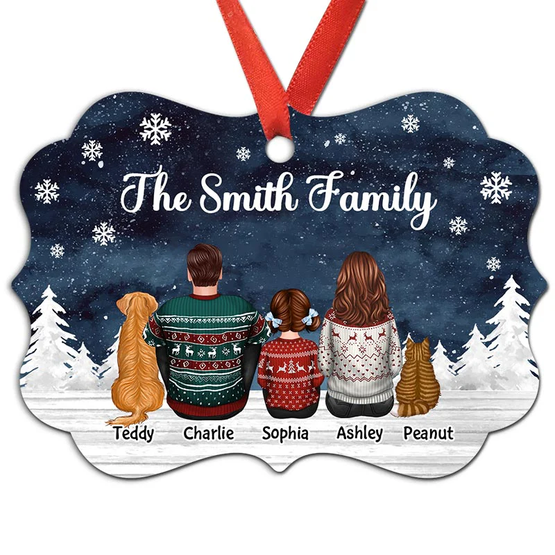 Christmas Family Dad Mom Kids Dogs Cats Snow Background Personalized Christmas Ornament