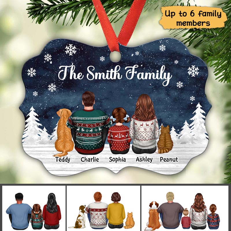Christmas Family Dad Mom Kids Dogs Cats Snow Background Personalized Christmas Ornament - Image 2