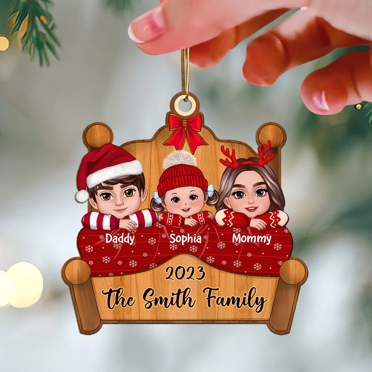 Christmas Family Laying On Bed Christmas Gift Personalized Wooden Ornament - Image 3