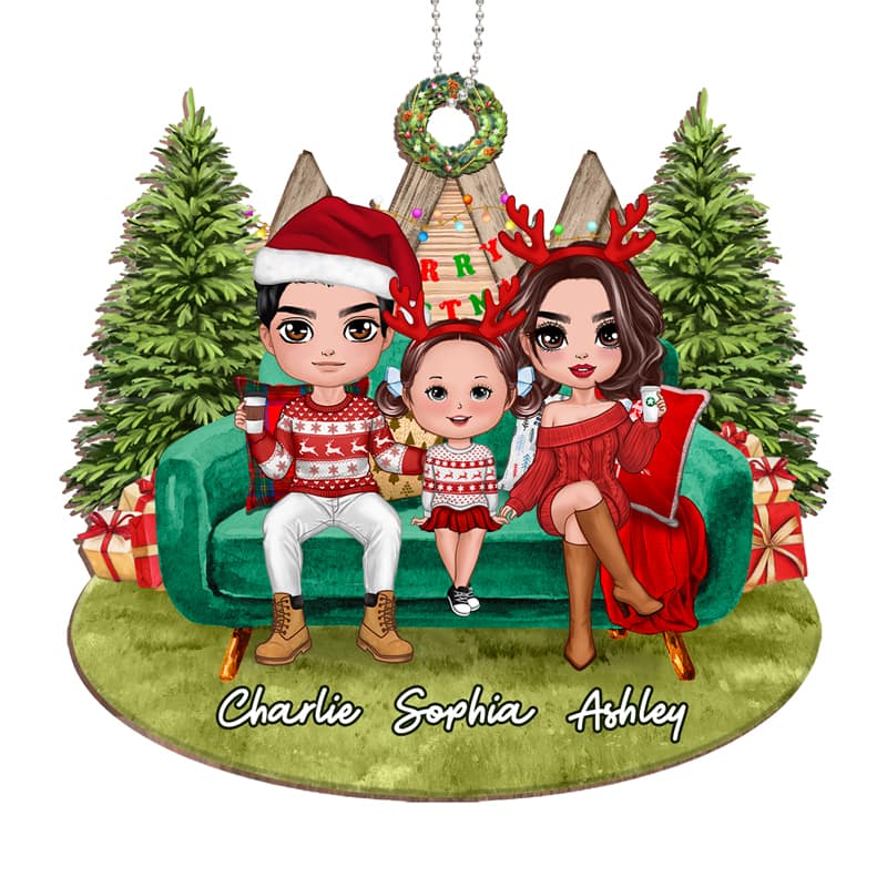 Christmas Family On Sofa Outdoor Personalized Wooden Ornament