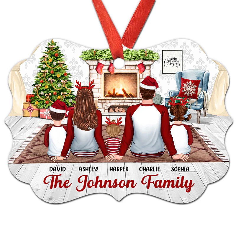 Christmas Family Pajamas Back View At Fireplace Personalized Christmas Ornament