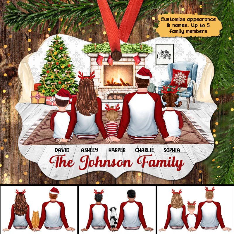 Christmas Family Pajamas Back View At Fireplace Personalized Christmas Ornament - Image 2