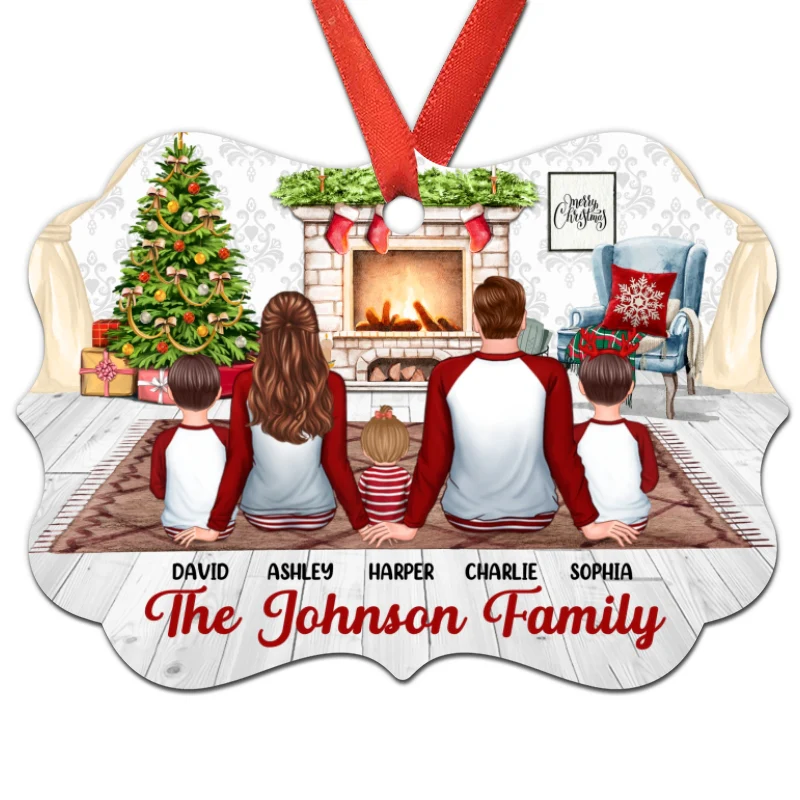 Christmas Family Pajamas Back View At Fireplace Personalized Christmas Ornament - Image 3