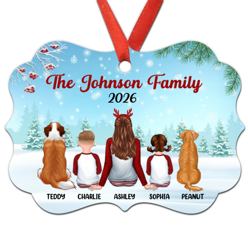 Christmas Family Single Parent In Snow Back View Personalized Christmas Ornament - Image 3