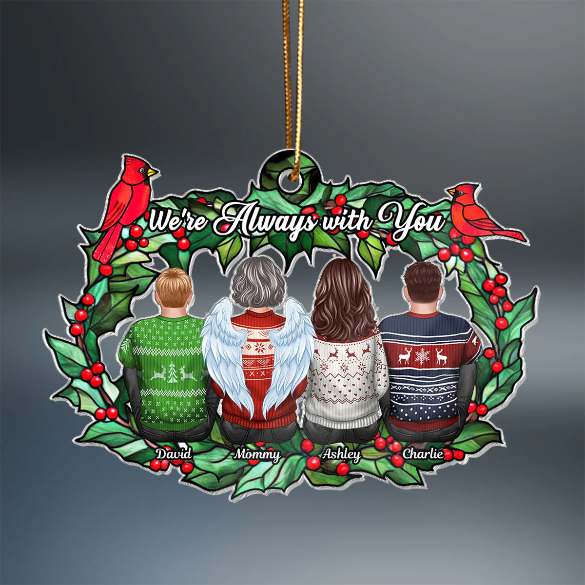 Christmas Family Sitting Back View Holly Branch Memorial Personalized Acrylic Ornament, Remembrance Gift, Sympathy Gift - Image 2