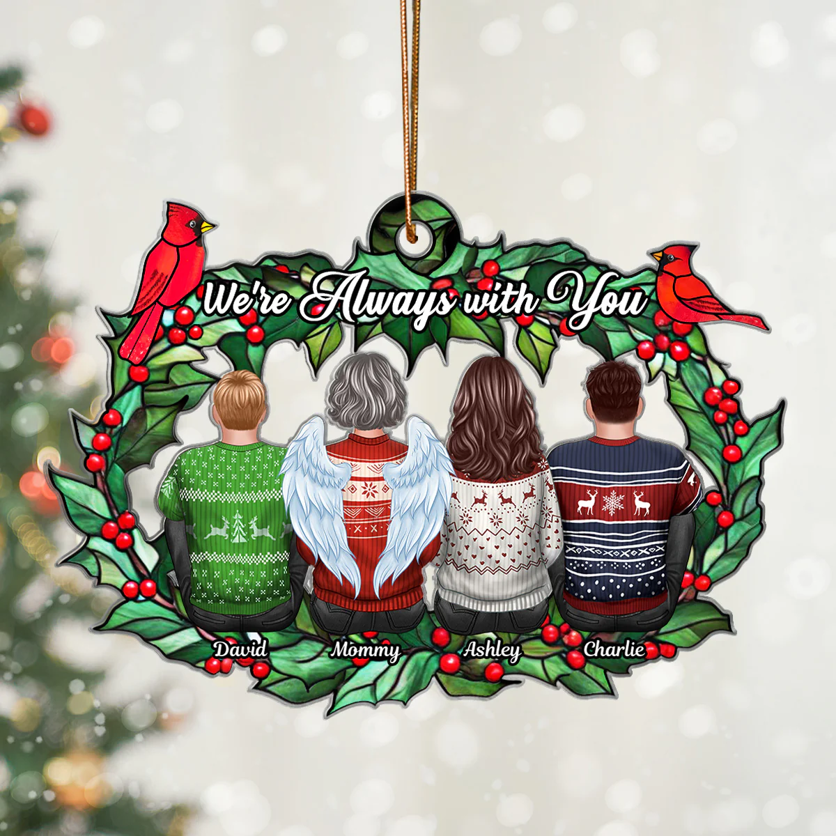 Christmas Family Sitting Back View Holly Branch Memorial Personalized Acrylic Ornament, Remembrance Gift, Sympathy Gift - Image 4