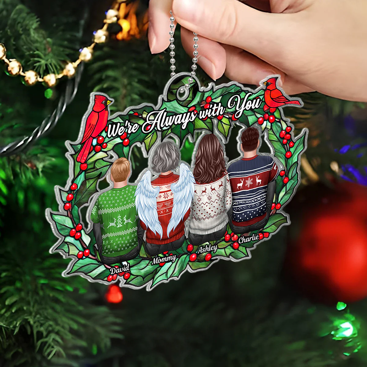 Christmas Family Sitting Back View Holly Branch Memorial Personalized Acrylic Ornament, Remembrance Gift, Sympathy Gift - Image 5