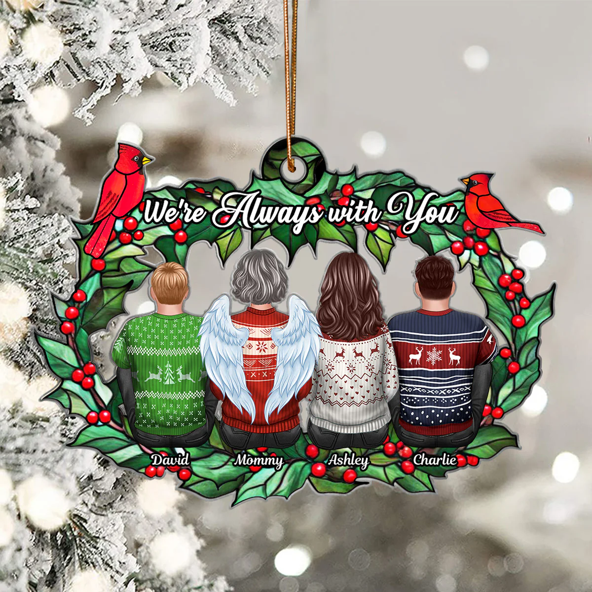 Christmas Family Sitting Back View Holly Branch Memorial Personalized Acrylic Ornament, Remembrance Gift, Sympathy Gift - Image 6