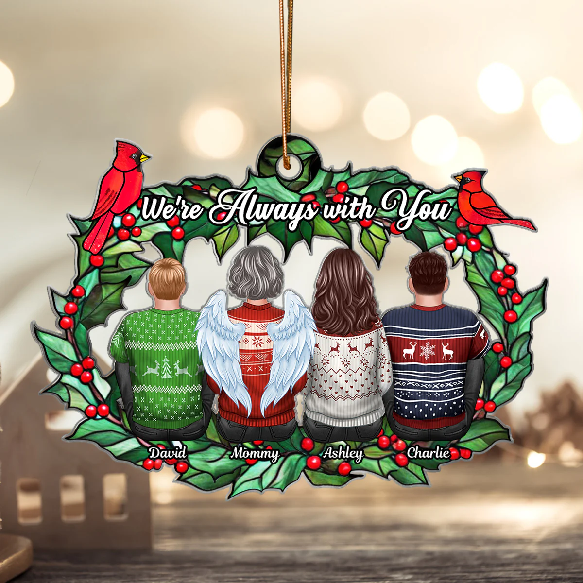 Christmas Family Sitting Back View Holly Branch Memorial Personalized Acrylic Ornament, Remembrance Gift, Sympathy Gift - Image 7
