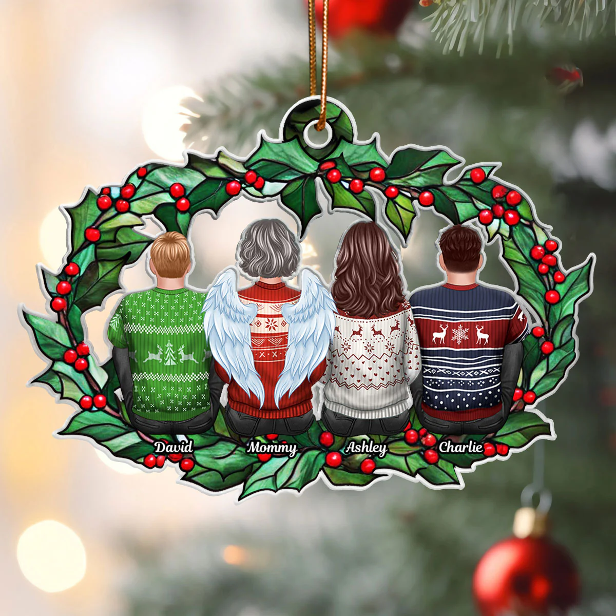 Christmas Family Sitting Back View Holly Branch Personalized Acrylic Ornament, Christmas Gift For Family - Image 4
