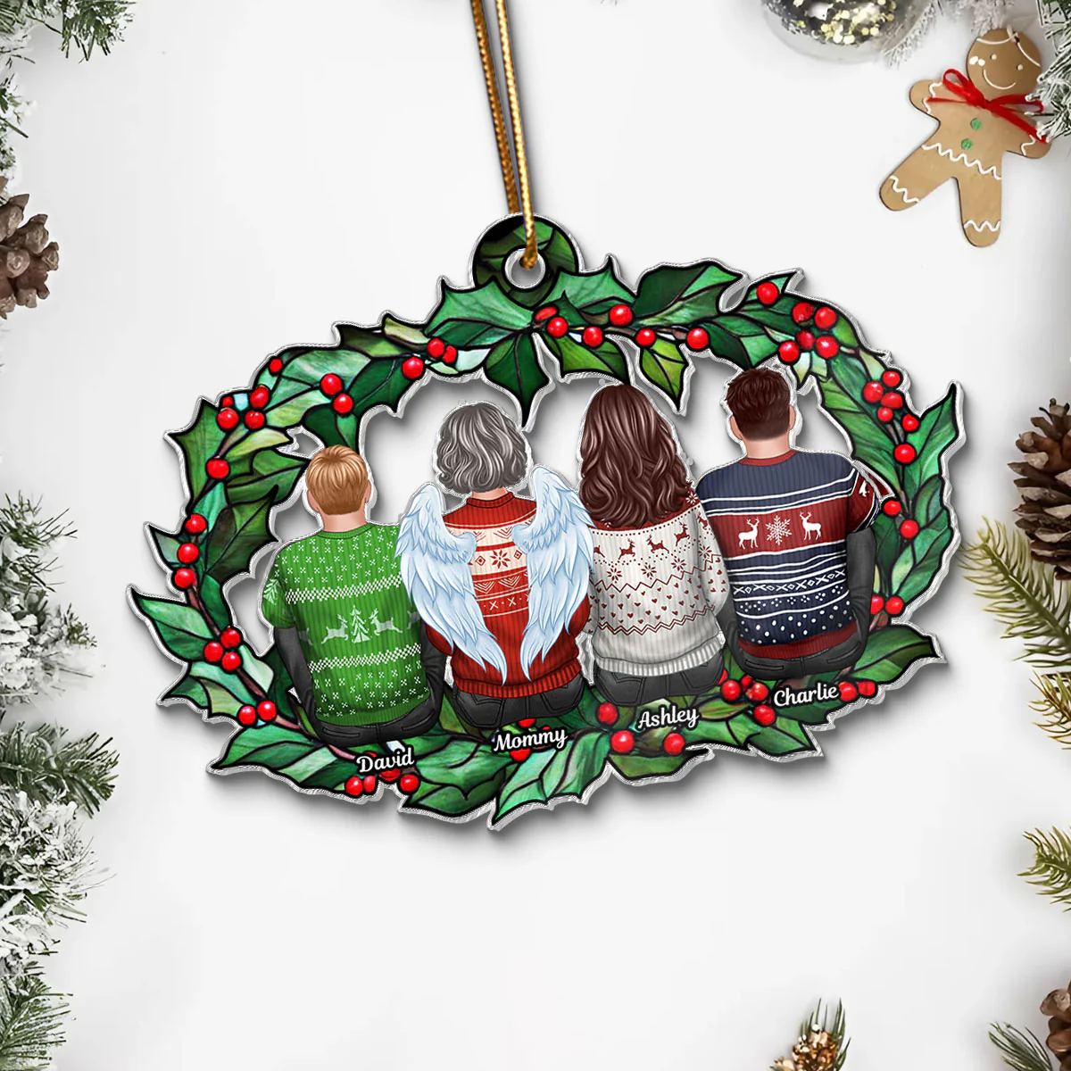 Christmas Family Sitting Back View Holly Branch Personalized Acrylic Ornament, Christmas Gift For Family - Image 5