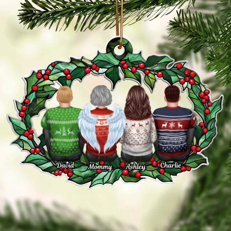 Christmas Family Sitting Back View Holly Branch Personalized Acrylic Ornament, Christmas Gift For Family - Image 7