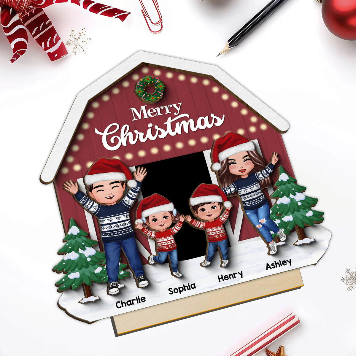 Christmas Farm House Family Tabletop Fireplace Decor Personalized 2-Layer Standing Wooden Plaque - Image 5