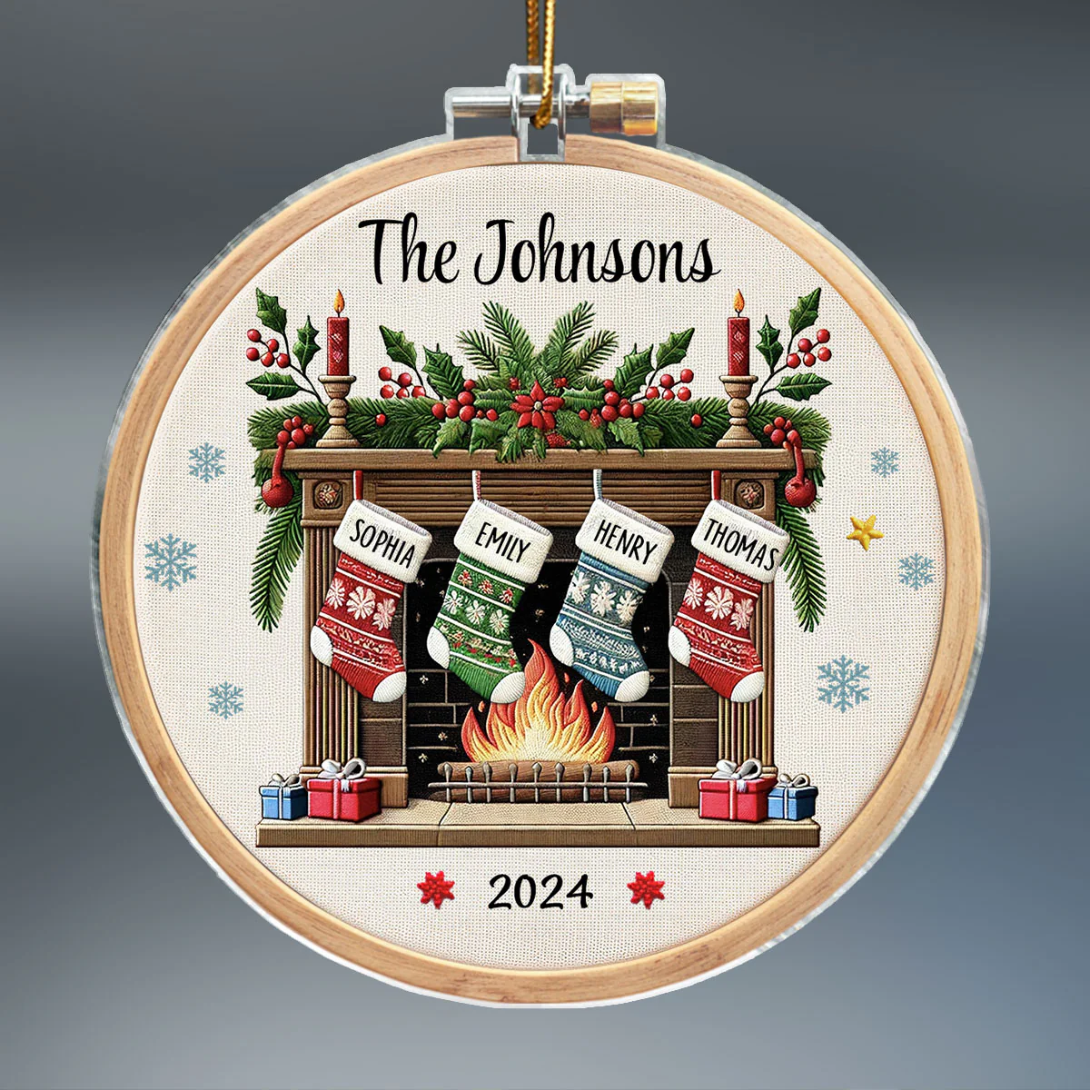 Christmas Festive Fireplace Family Christmas Stockings On Mantel Embroidery Effect Personalized Acrylic Ornament - Image 2