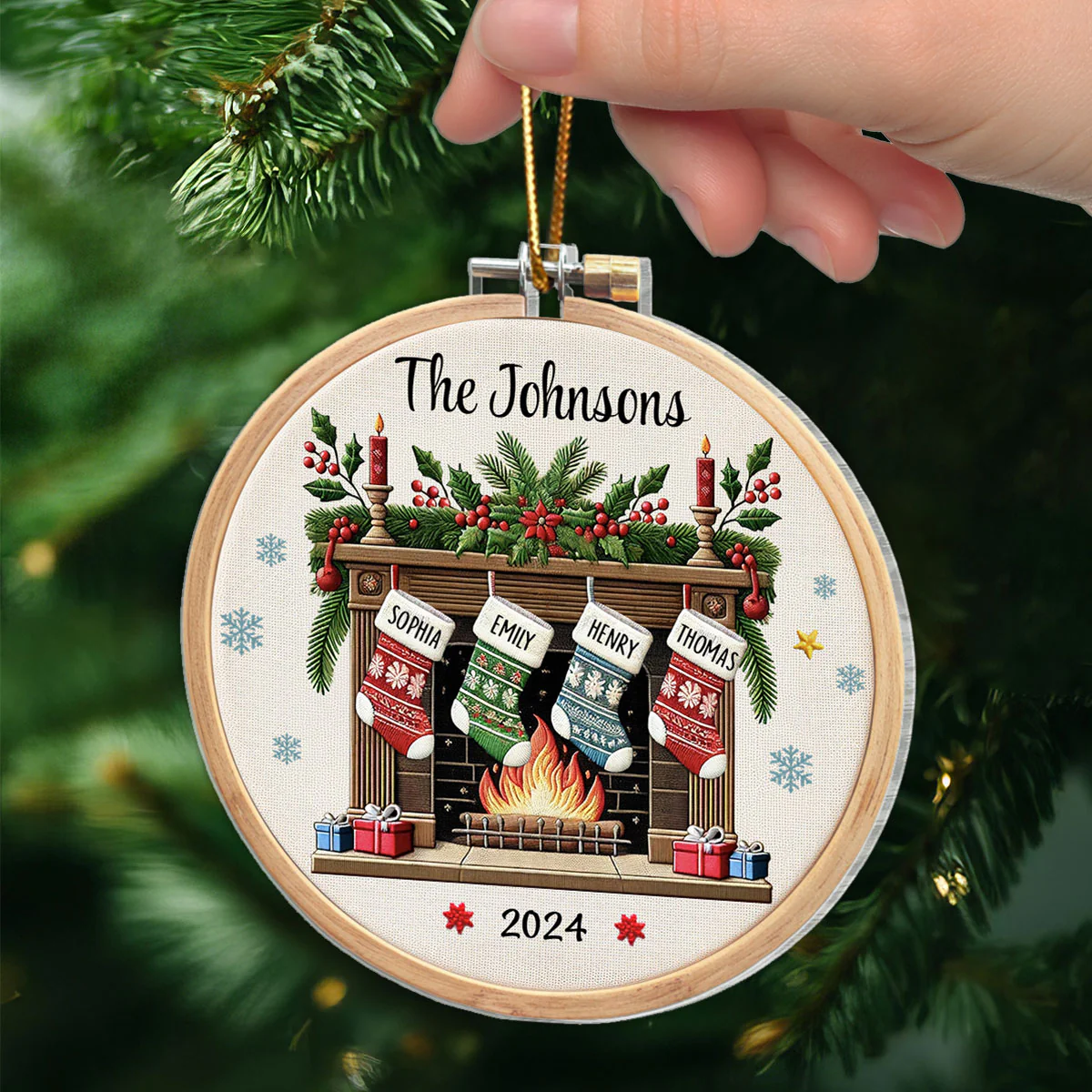 Christmas Festive Fireplace Family Christmas Stockings On Mantel Embroidery Effect Personalized Acrylic Ornament - Image 3