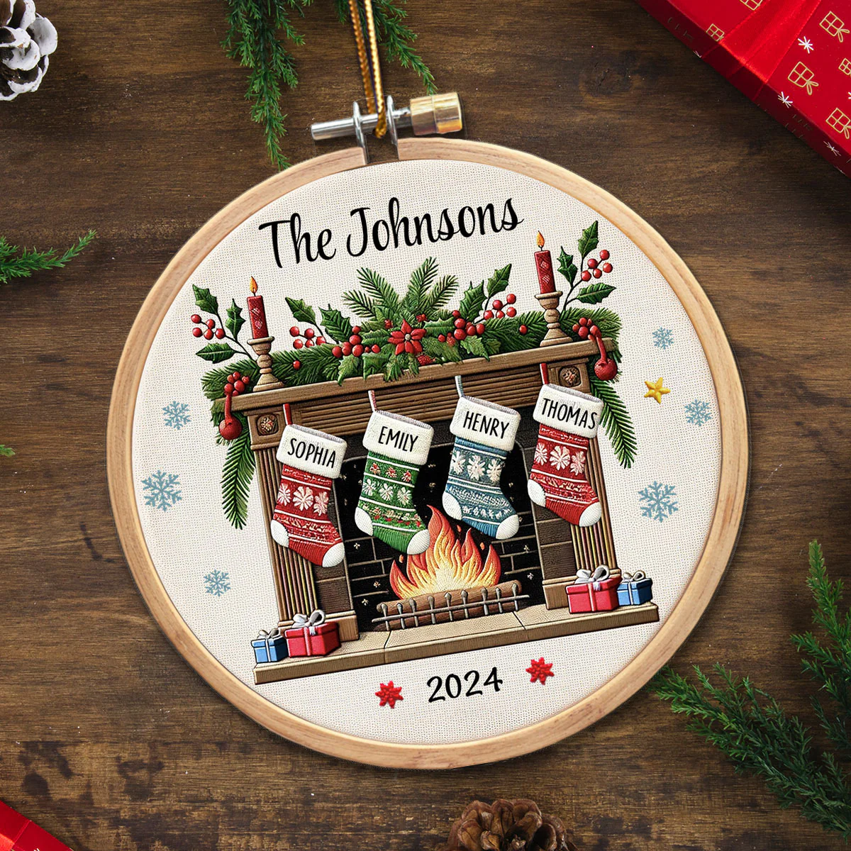 Christmas Festive Fireplace Family Christmas Stockings On Mantel Embroidery Effect Personalized Acrylic Ornament - Image 4